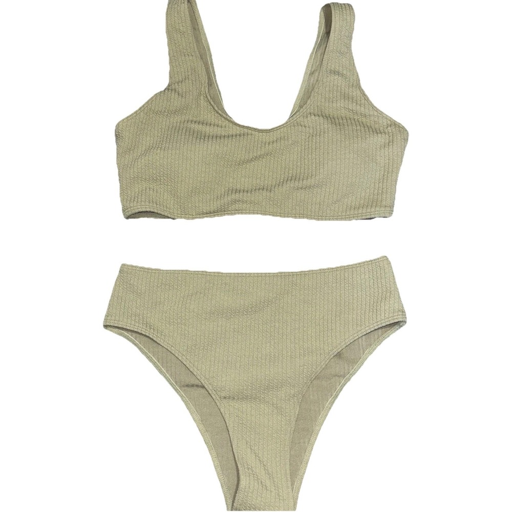 Womens Textured Ribbed Bikini Set Swimsuit Medium Sage Green Beach High Waisted